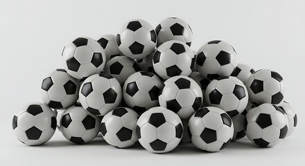 Large pile of classic black and white soccer balls on a clean white background.