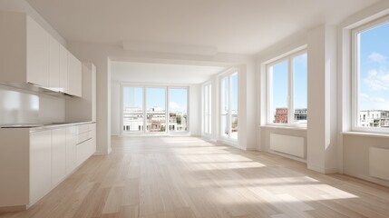 Bright Modern Apartment Interior with Hardwood Floors and Large Windows Showcasing City Views