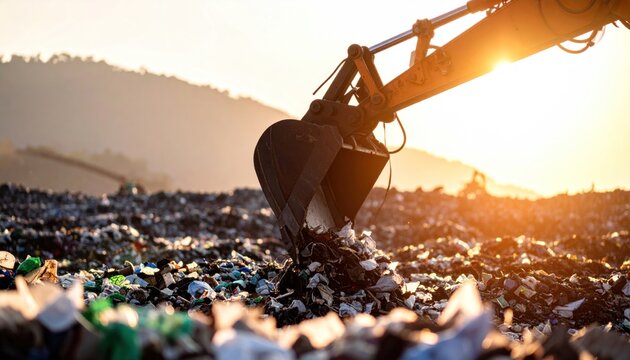 Environmental concern: Excavator digging into a landfill at sunset to manage waste - Powered by Adobe