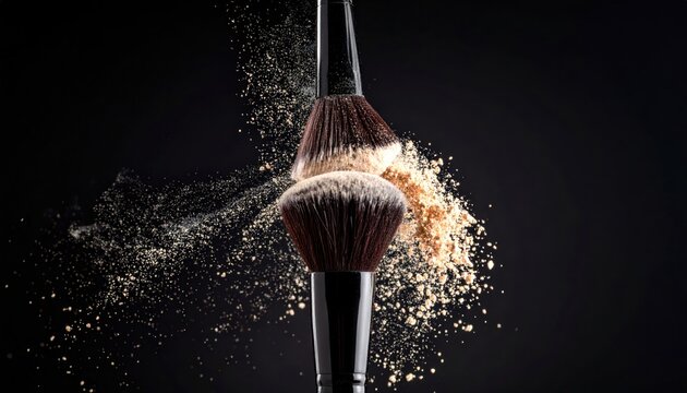 Dramatic makeup brushes in action creating a cloud of sparkling cosmetic powder