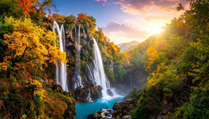 A breathtaking waterfall cascading down a rocky cliff face, surrounded by vibrant autumn foliage, bathed in golden sunlight.