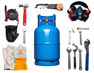 PNG, ultra-detailed 8K, top-down flat lay of a gas cylinder surrounded by wrenches, g 78896
