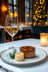 A gourmet steak dish featuring foie gras in an elegant dining setup, ideal for food photography and luxury dining themes.