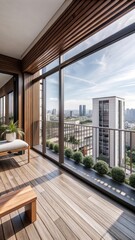 Fototapeta premium Penthouse Living Area with Wooden Balcony and City Garden View
