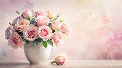 Delicate watercolor roses in a soft pink hue arranged in a elegant floral vase