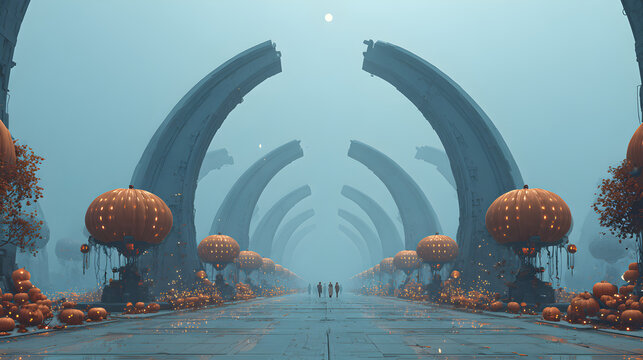 Futuristic graveyard with pumpkin drones, volumetric rim beams, HDR panoramic scope, glossy metallic tomb markers. Split-complementary palette, symmetry composition, mysterious sci-fi intrigue