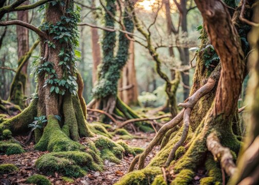 Dense foliage overgrown with vines and moss-covered tree trunks amidst chaotic spring forest