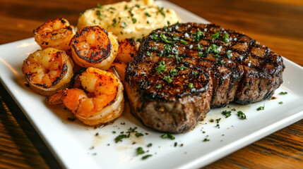 Delicious surf and turf combo featuring steak and grilled shrimp, high-resolution image.