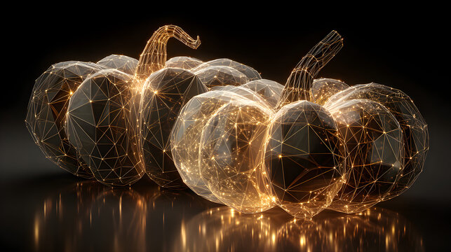 Geometric pumpkin polygons in wireframe design, rim-lit 3D rendering, golden ratio spiral arrangement, glossy texture with neon glow, cyber-abstract seasonal wallpaper