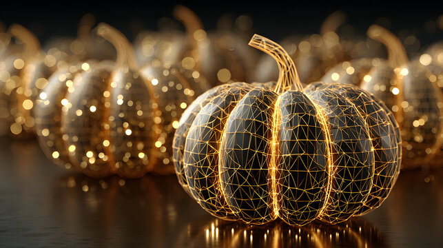 Geometric pumpkin polygons in wireframe design, rim-lit 3D rendering, golden ratio spiral arrangement, glossy texture with neon glow, cyber-abstract seasonal wallpaper