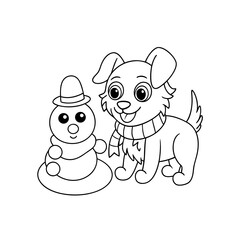 Puppy Decorating a Snowman Coloring Page