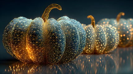 Geometric pumpkin polygons in wireframe design, rim-lit 3D rendering, golden ratio spiral arrangement, glossy texture with neon glow, cyber-abstract seasonal wallpaper