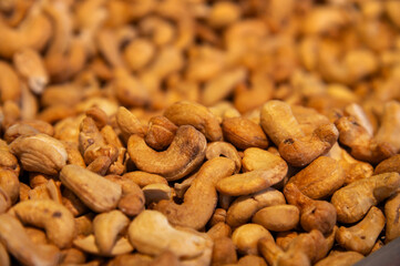 Roasted cashew nuts. Close-up. Background for snacks and nuts