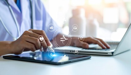 Doctor using tablet and laptop for remote consultation telemedicine concept analysis