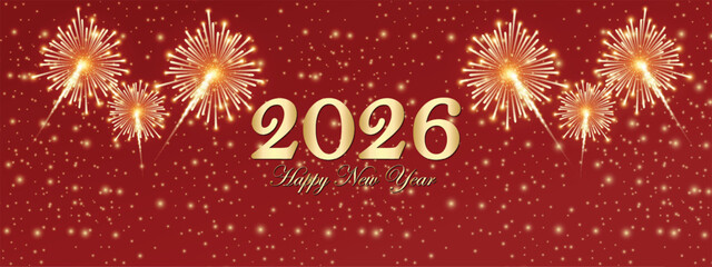 Happy New Year 2026 greetings flyer with Fireworks dim light effect, golden gradient text, New year promotion or invitation template, decorative flyer for new year celebration, vector art illustration