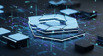 Futuristic digital data processing unit with glowing hexagonal chips and abstract light trails on a dark background, representing advanced technology and connectivity.