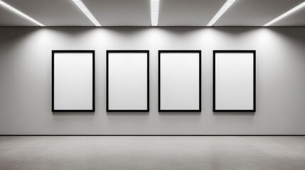 Gallery Wall with Four Black Framed Mockups, Modern Art Space, White Walls, Spotlight Illumination