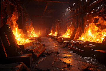 Molten metal flows into molds at a foundry during evening hours creating bright orange patterns