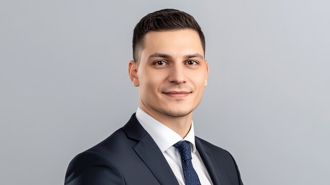 staff. Confident business professional in formal attire, exuding professionalism and approachability in a neutral setting. pitch deck slides.