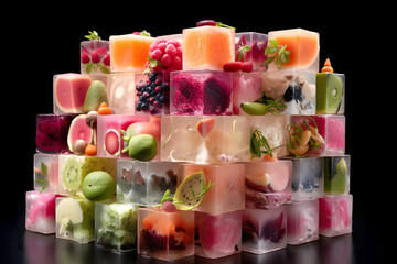Colorful blocks of frozen fruit create a vibrant display in a creative culinary art piece