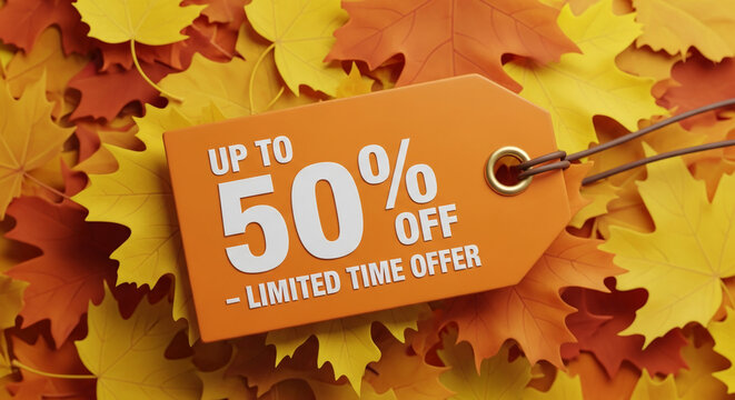 Orange discount tag on autumn leaves background, showcasing 50% off limited time offer Sale, ideal for autumn promotions and advertising