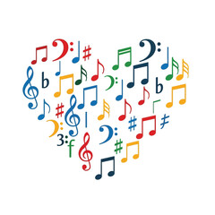 Creative illustration of a heart composed of diverse and colorful music symbols, symbolizing passion for melody and harmony