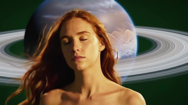 Serene redhead, eyes closed, basks in warm light against a backdrop of a ringed planet, evoking tranquility and cosmic connection