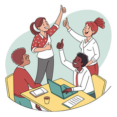 Diverse team of colleagues celebrating success with thumbs up gestures in a modern office setting