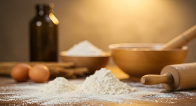 blurred kitchen background with flour, eggs, and rolling pin