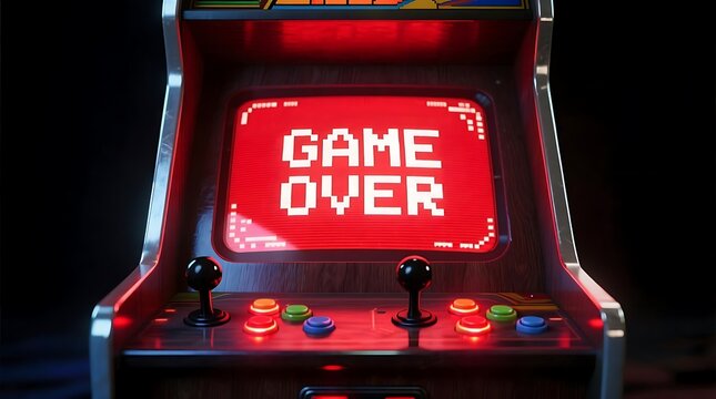 Vintage Arcade Machine with a Glowing Red game Over Screen and Control Panel