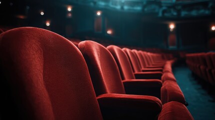 Obraz premium Empty Theater Seats Rows with Plush Red Upholstery in a Classic Auditorium Setting