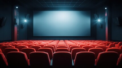 Obraz premium Empty Movie Theater with Red Seats and Blank Screen for Advertising or Presentation