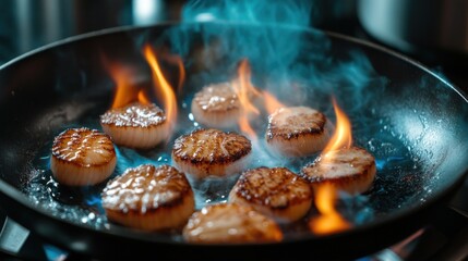 Seafood frying in pan