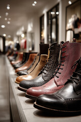 Boutique de chaussures mixte, collection de bottes et souliers en cuir, style quotidien sobre et élégant pour hommes et femmes, mode urbaine et milieu de gamme moderne