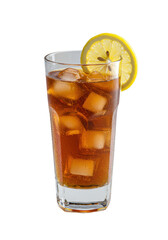 Elegant highball glass with amber-brown iced tea, clear ice, and a vibrant yellow lemon slice on rim, isolated on a transparent background, pristine commercial beverage concept
