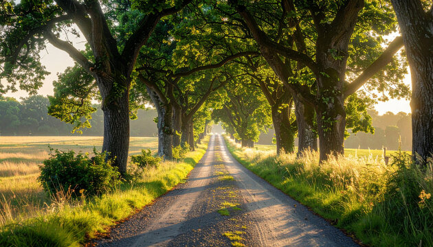 Country road lined with green trees
