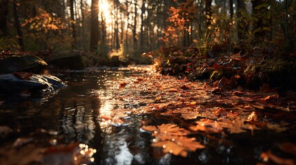Obraz premium Golden sunbeams filter through the trees onto a tranquil stream in a beautiful autumn forest at sunset