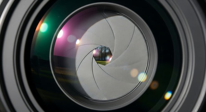 Close up of a camera lens aperture.