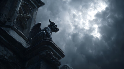 Gothic gargoyle perched under lightning storm sky, dramatic low-key contrast with rim lighting, symmetry balance
