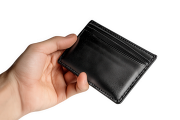 Hand holding a black leather card holder isolated on transparent background