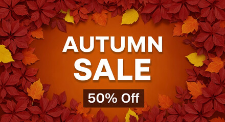 Autumn sale banner with red and yellow leaves frame Orange background, white text "Autumn Sale 50% Off" Free space for text or logo. Represents seasonal discounts