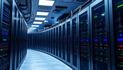 Rows of powerful server racks in a modern data center, technology infrastructure, mainframe