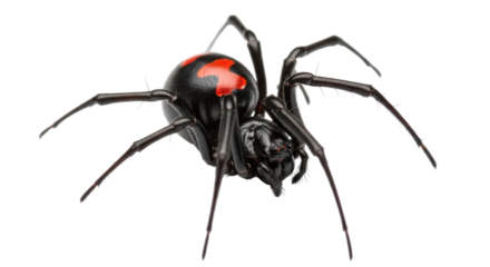 Black widow spider close-up with distinctive red hourglass marking on abdomen, transparent background, cutout PNG