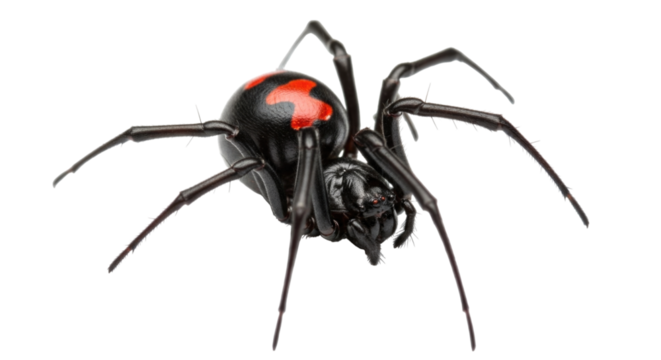 Black widow spider close-up with distinctive red hourglass marking on abdomen, transparent background, cutout PNG