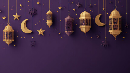 Obraz premium Decorative lanterns and celestial shapes hang against a rich purple backdrop, creating a festive atmosphere