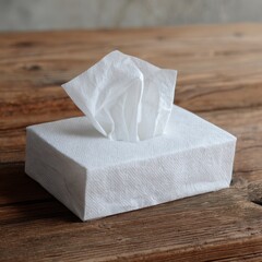A clean white tissue box with one tissue pulled out sits on a rustic wooden surface