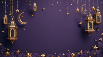 Elegant purple background adorned with lanterns, stars, and crescent moons, perfect for celebrations