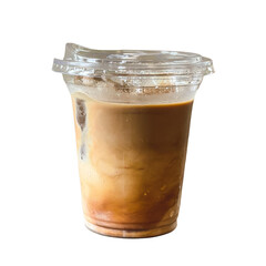 Refreshing iced coffee latte in a clear plastic takeaway cup with a lid, isolated on a clean white background
