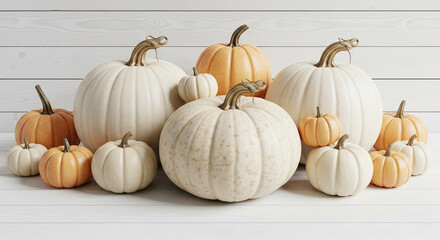 Group of white and orange pumpkins on white wooden background, showcasing autumn harvest abundance and rustic charm, ideal for seasonal decor or Thanksgiving themes
