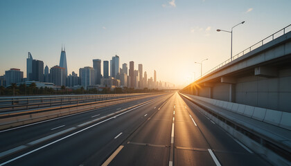 Obraz premium Empty asphalt highway with a futuristic city skyline in the background during sunset. Warm golden and orange tones reflect on modern skyscrapers